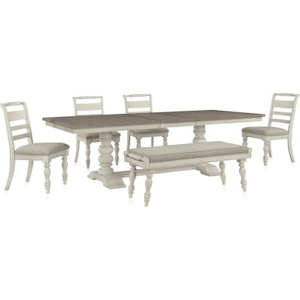 Vineyard Rectangular Extendable Dining Table, 4 Dining Chairs and Bench - Ivory