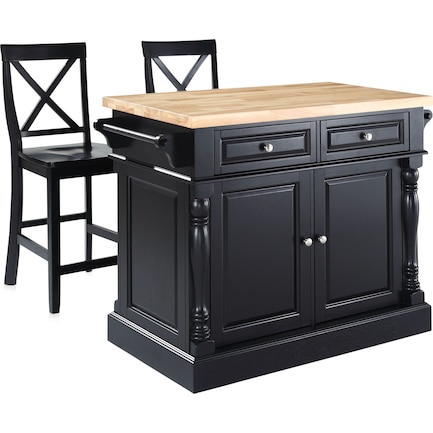 Warren Kitchen Island and Set of 2 X-Back Stools - Black/ Wood Top