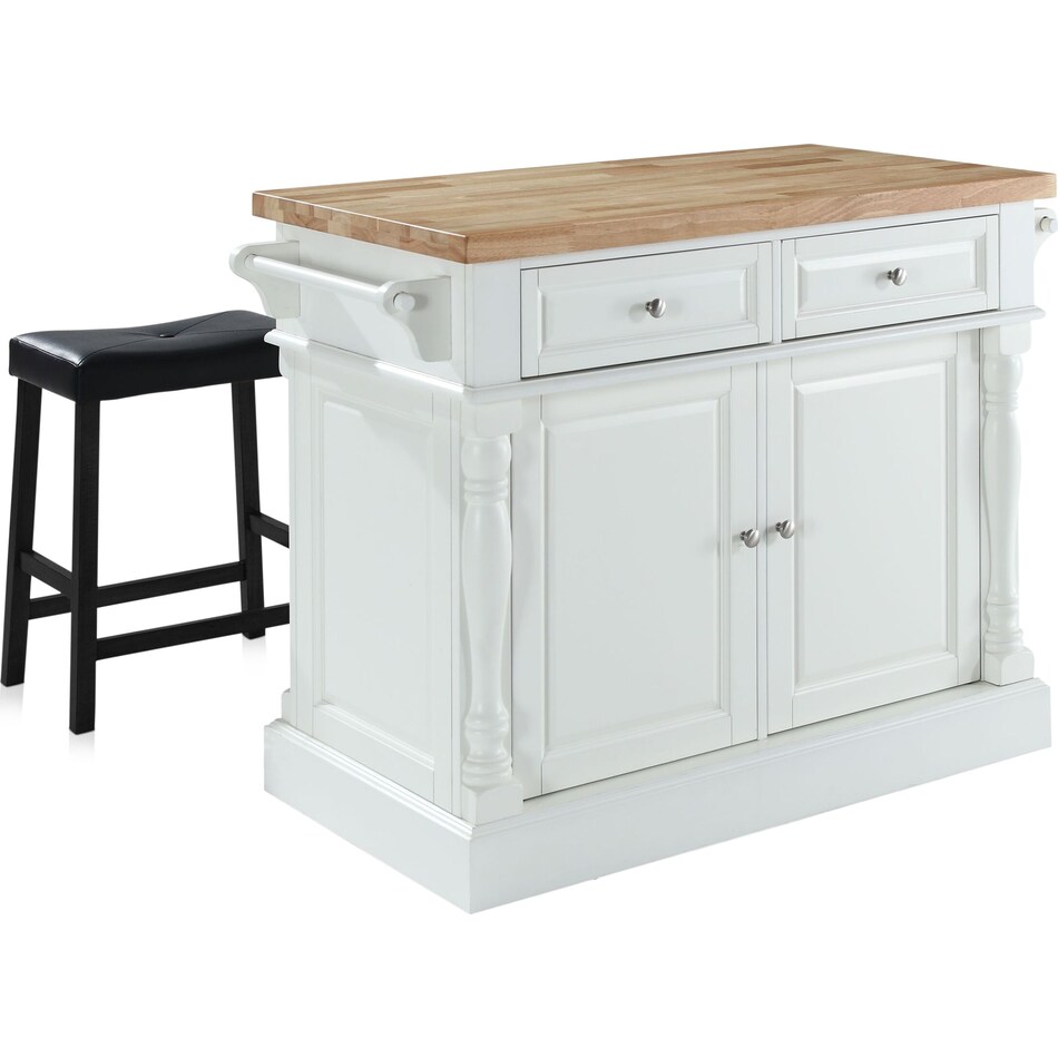 Tileon Cream White Kitchen Island Set w/ 2-Stools Rustic Wood