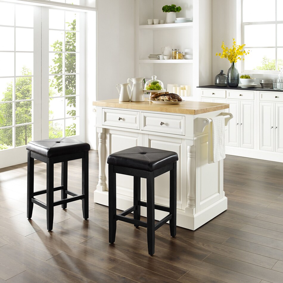 Warren Kitchen Island and Set of 2 Square Stools White/ Wood Top