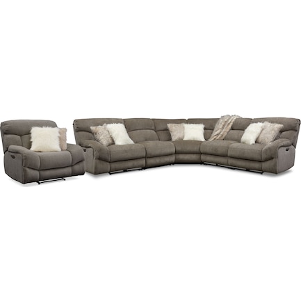 Wave 5-Piece Dual-Power Reclining Sectional with 2 Reclining Seats and Recliner - Ash