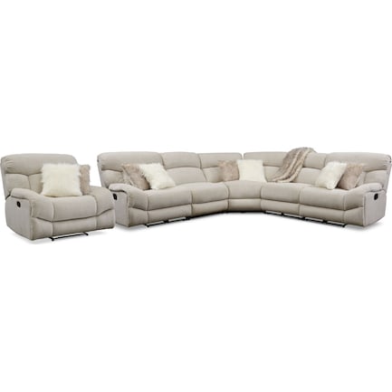 Wave 5-Piece Manual Reclining Sectional with 2 Reclining Seats and Recliner - Ivory