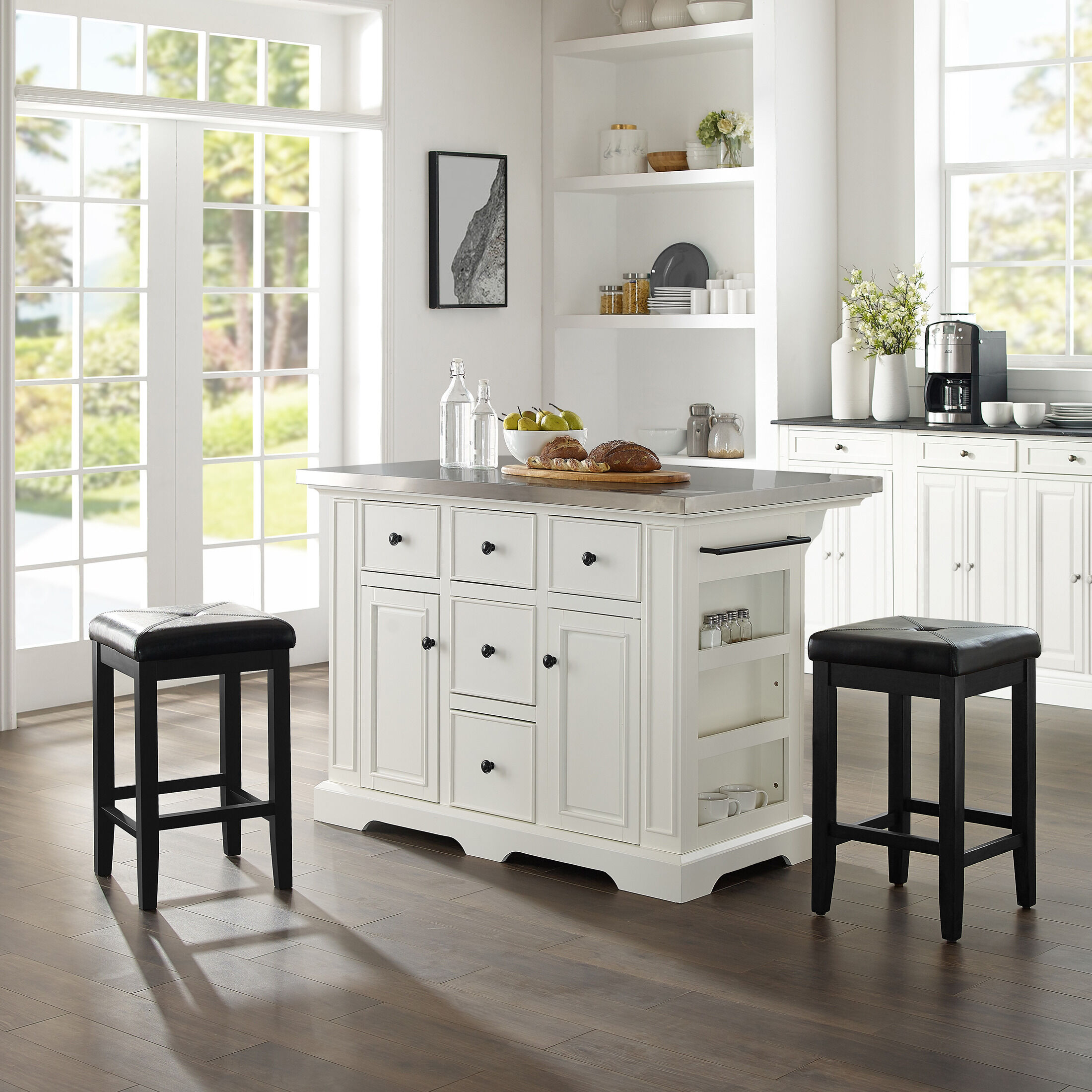 Wells Kitchen Island and Set of 2 X Back Stools White Stainless