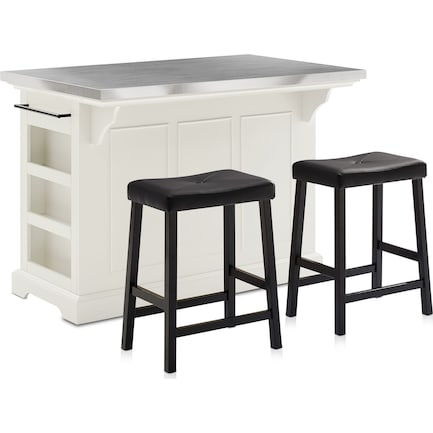 Wells Kitchen Island and Set of 2 Stools - White/Stainless Steel Top