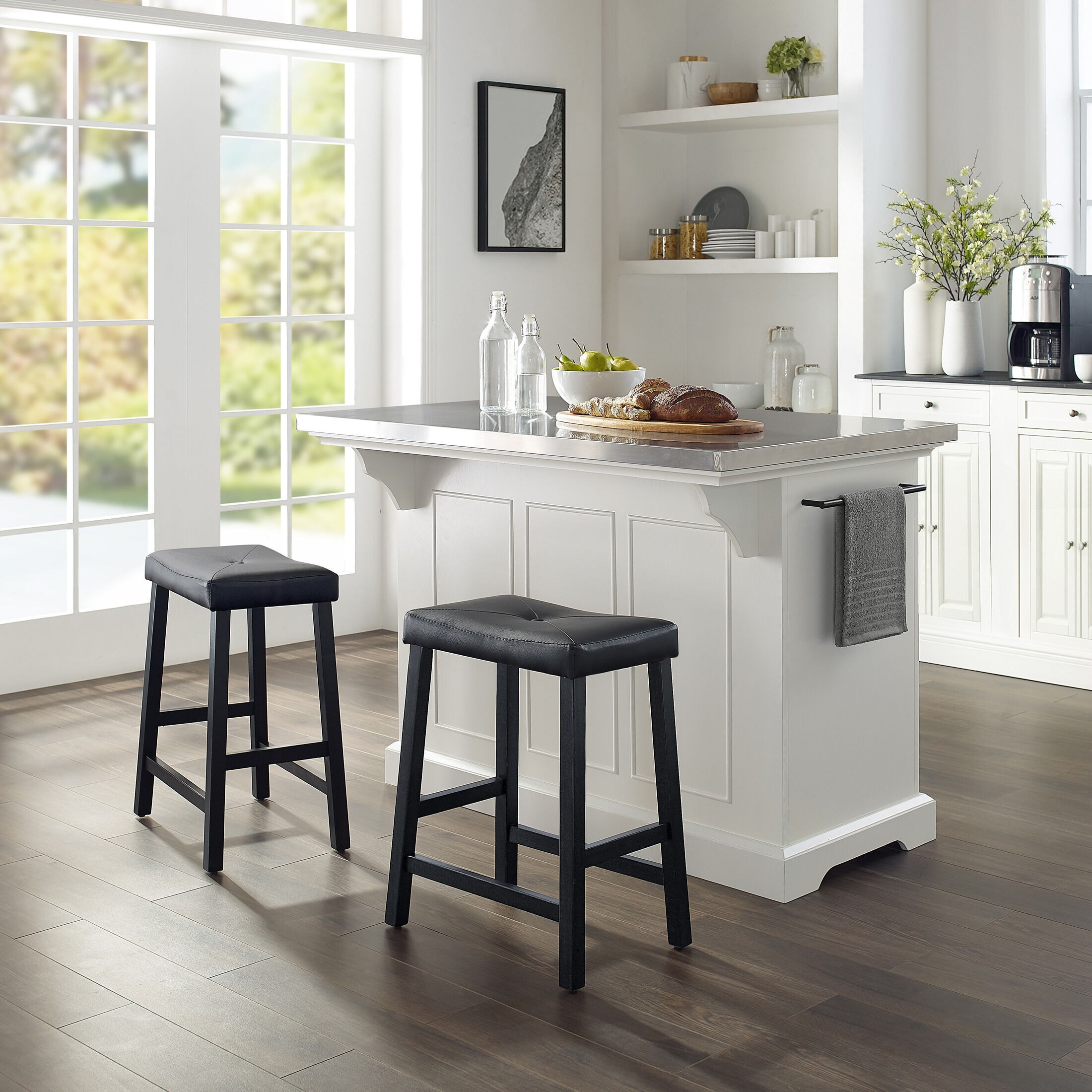 Wells Kitchen Island and Set of 2 Stools White Stainless Steel