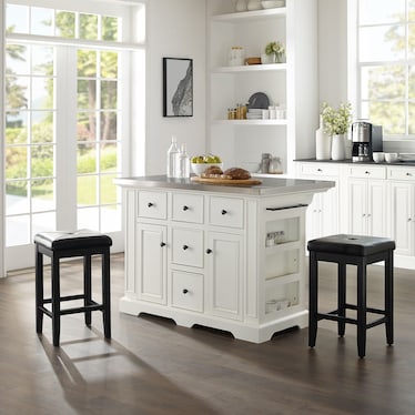 Wells Kitchen Island and Set of 2 Square Stools - White/Stainless Steel Top