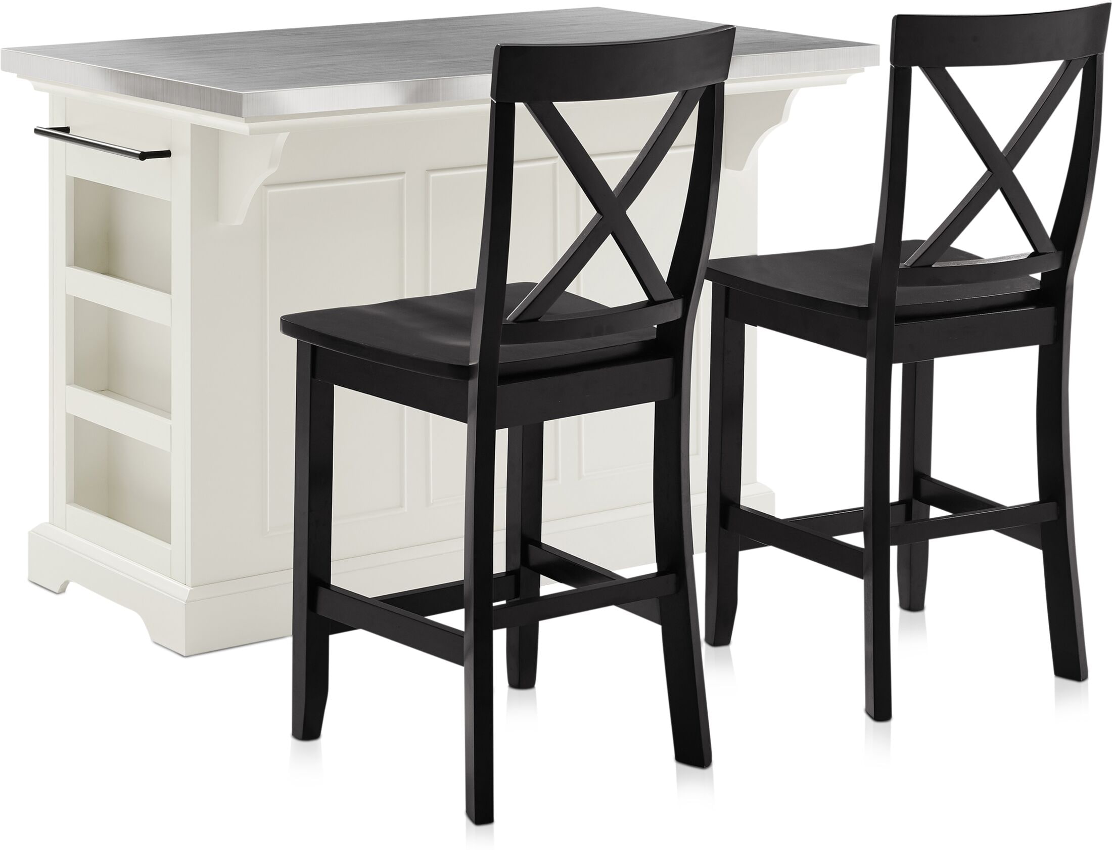 Wells Kitchen Island and Set of 2 X Back Stools White Stainless