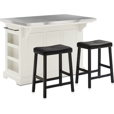 Wells Kitchen Island and Set of 2 Stools - White/Stainless Steel Top