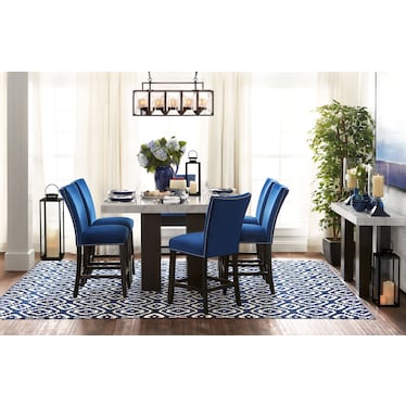 Artemis Counter-Height Marble Dining Table and 6 Upholstered Stools - White Marble/Blue