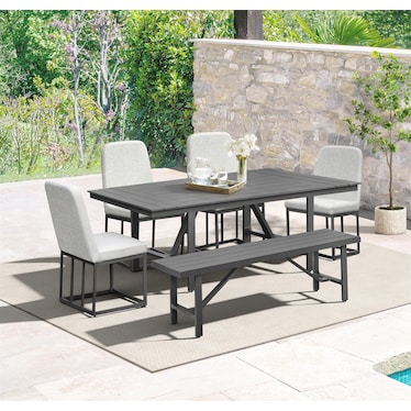 Yarmouth Outdoor Dining Table, 4 Upholstered Chairs and Bench