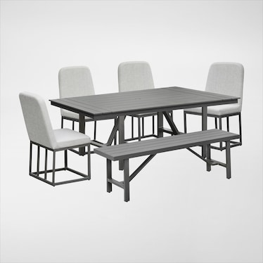 Yarmouth Outdoor Dining Table, 4 Upholstered Chairs and Bench