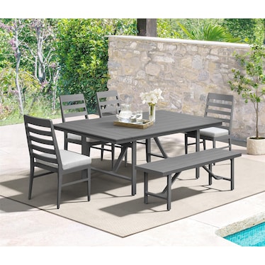 Yarmouth Outdoor Dining Table, 4 Panel Chairs and Bench